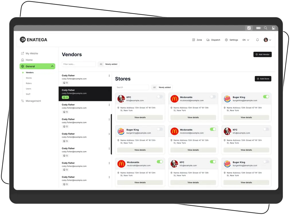 The admin dashboard displays food vendors
